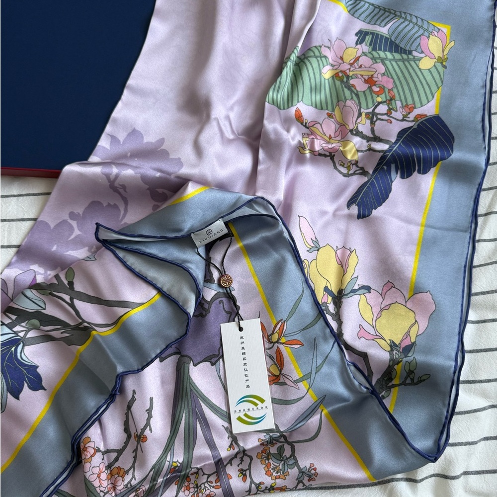 Floral Silk Scarf with Purple and Yellow Accents